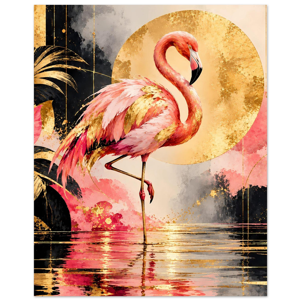 Tierposter mit Flamingo in Pink und Goldakzenten, goldener Kreis hinter dem Vogel