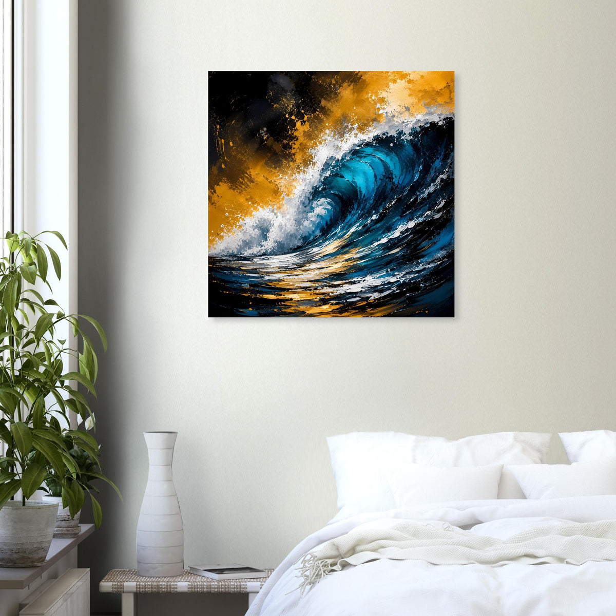 Quadratisches Wellenposter mit türkis/blauem Wasser, goldenem Farbverlauf und weißem Schaum, schwarz gerahmt