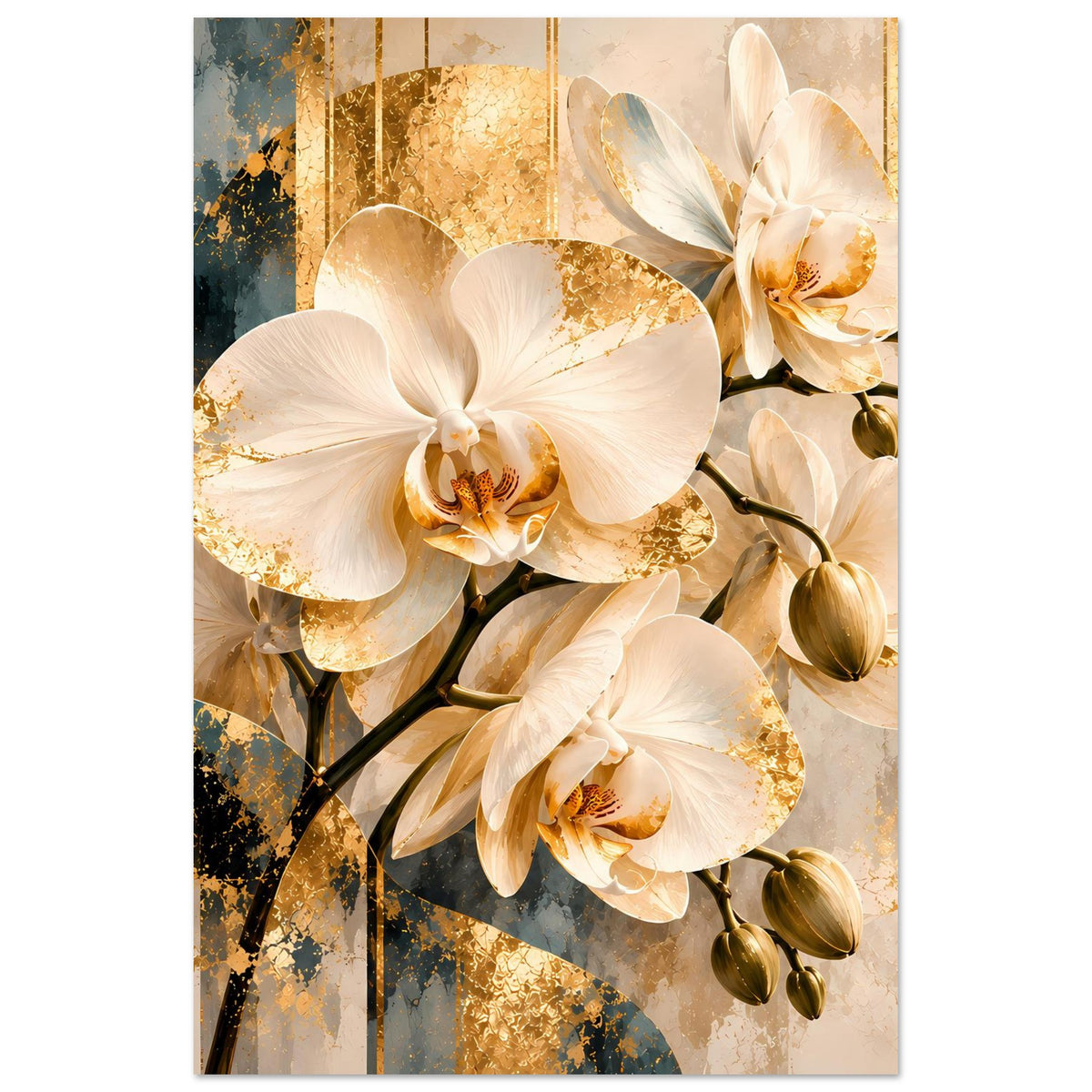 Wandposter mit weißen Orchideenblüten auf goldfarbenem Hintergrund, Hochformat