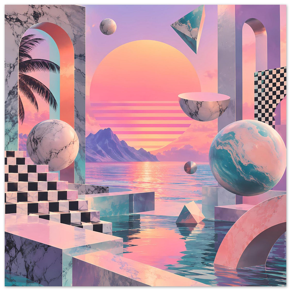 Horizontales Kunstdruck-Poster mit Sonnenuntergang, Ozeanstreifen und geometrischen Planeten