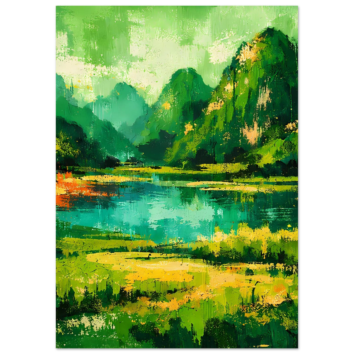 Poster mit abstrakter grüner Berglandschaft und türkisfarbenem See im Hochformat, flächig beschnitten