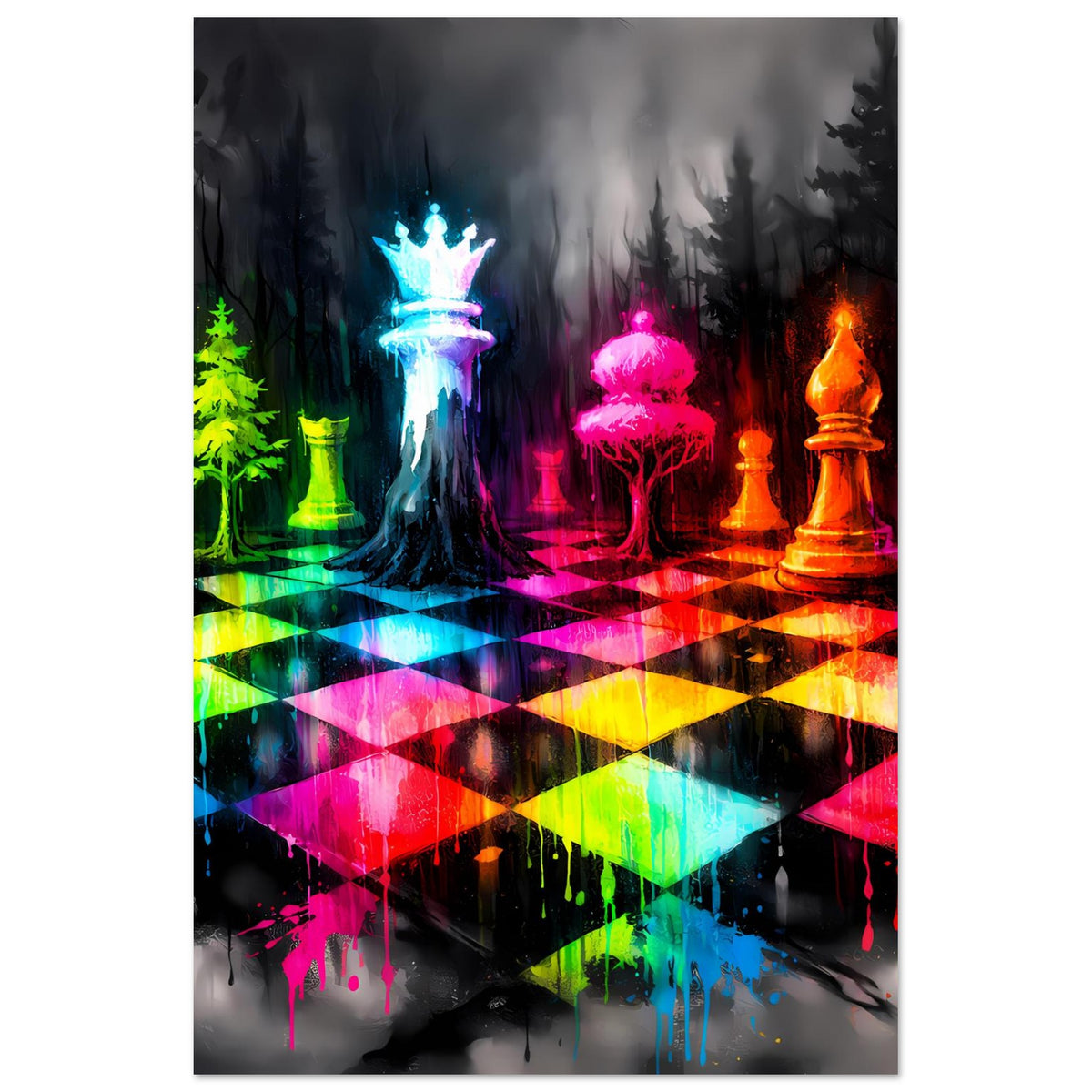 Vertikales Schachspiel-Poster: leuchtende Figuren in Neonfarben auf Brett