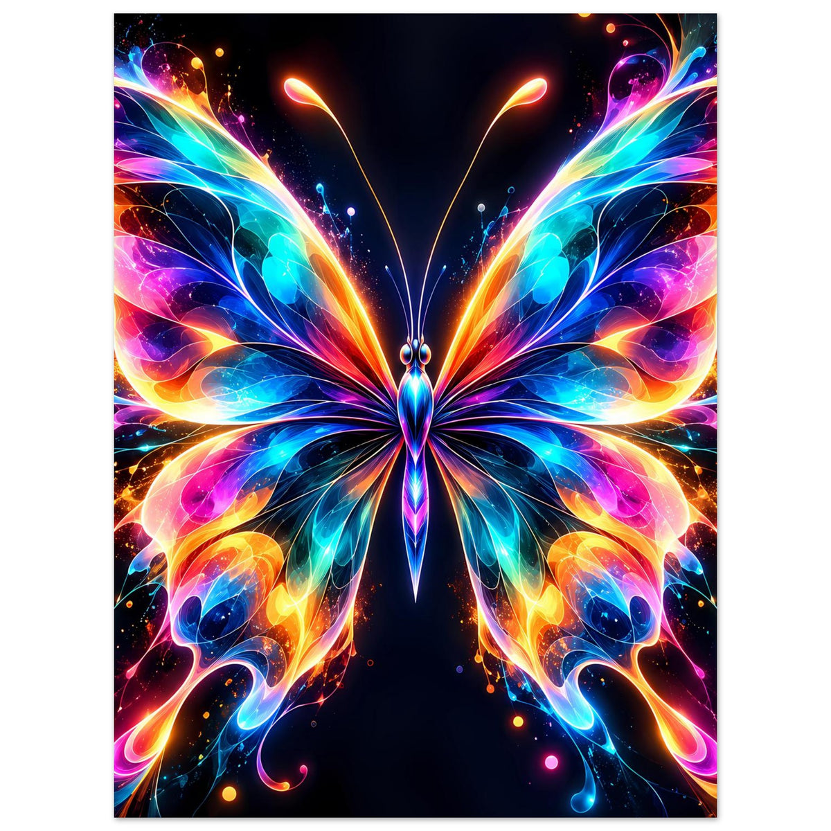Neon-Schmetterlingsposter im Hochformat, leuchtender Schmetterling mit bunten Schwingen