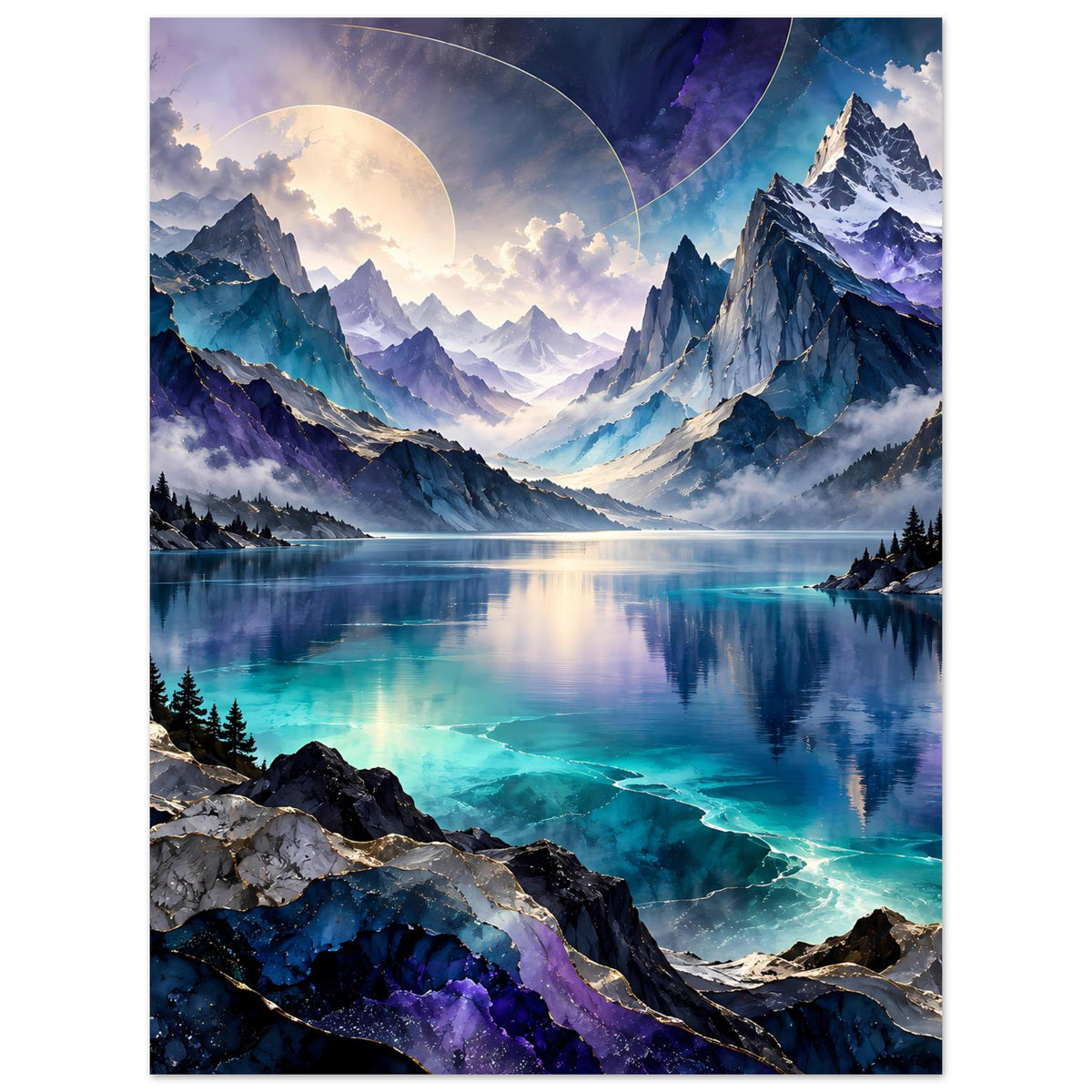 Bergsee-Poster, türkisblauer See, Bergkette, Mondsichel, leuchtende Lichtspur, Hochformat