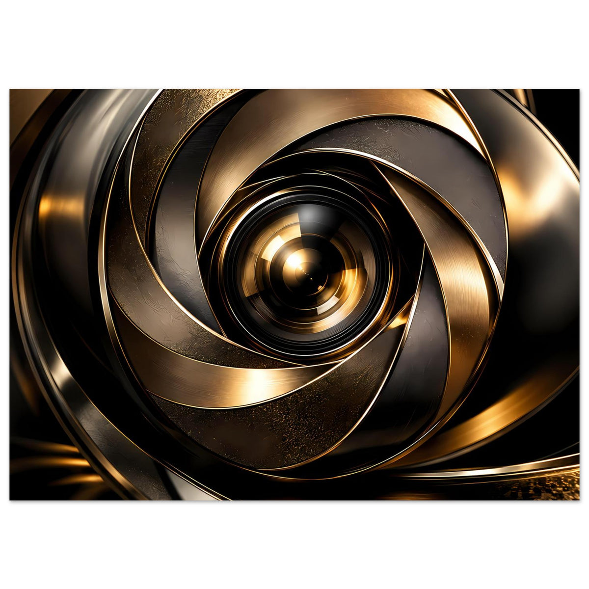 Abstraktes Poster im Querformat mit goldenen Metallrändern und dunkler Spirale