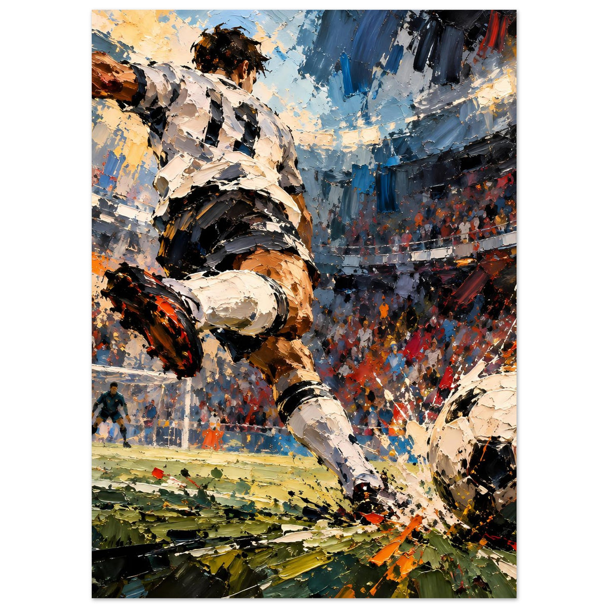 Fußball-Actionposter (Hochformat): Torwart im Flug, großer Ball vorn, kräftige Farbflächen