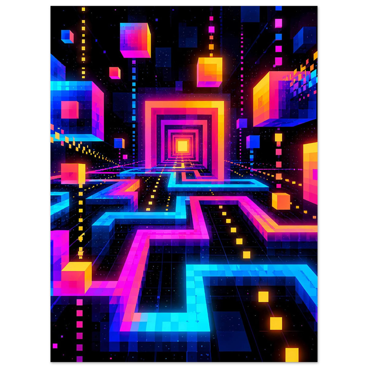 Neon-Geometrie-Poster: labyrinthartige Wege mit zentralem Bildschirm/Portal und leuchtenden Rändern