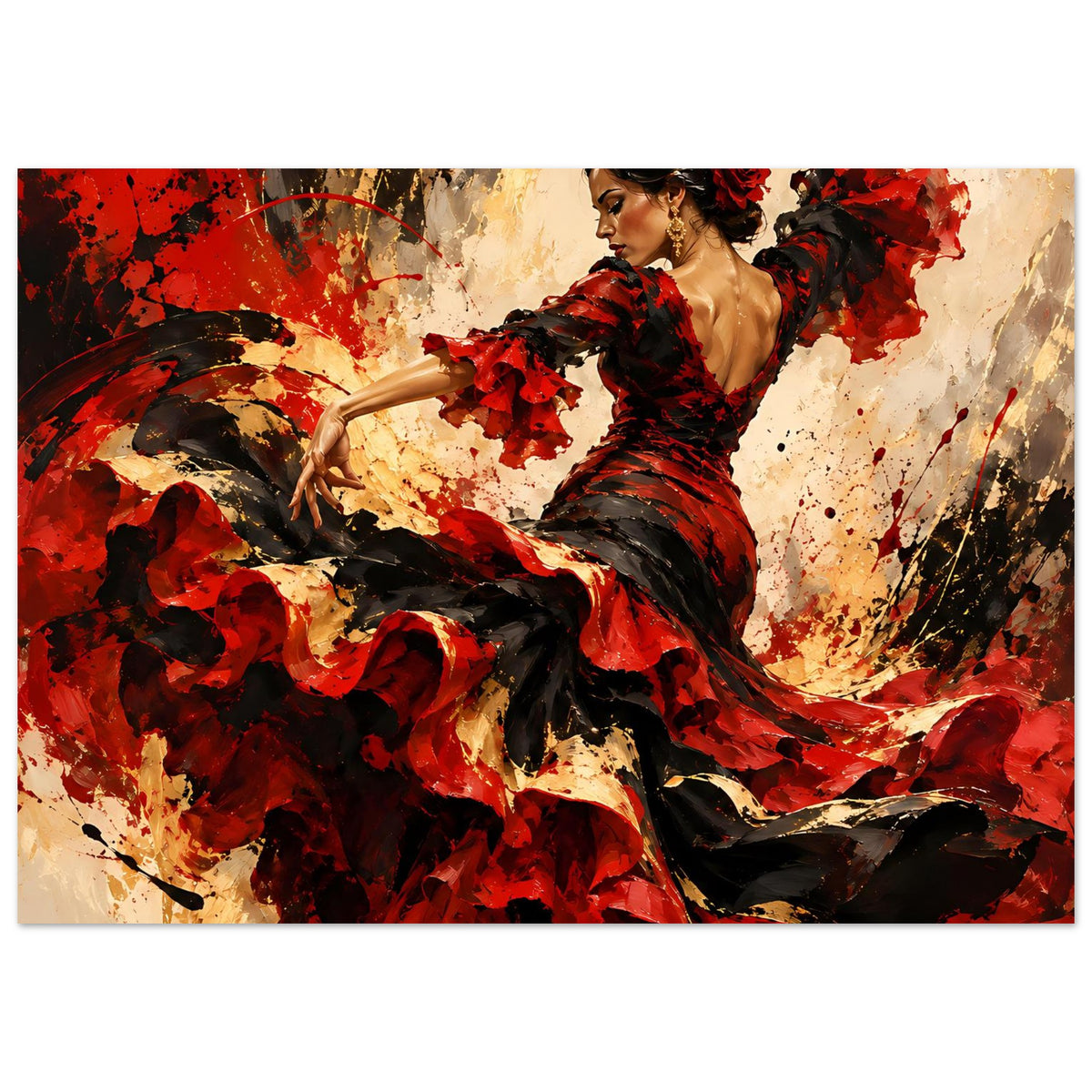 Breites Poster mit Flamenco-Tänzerin im roten und schwarzen Kleid, kräftige Farbspritzer