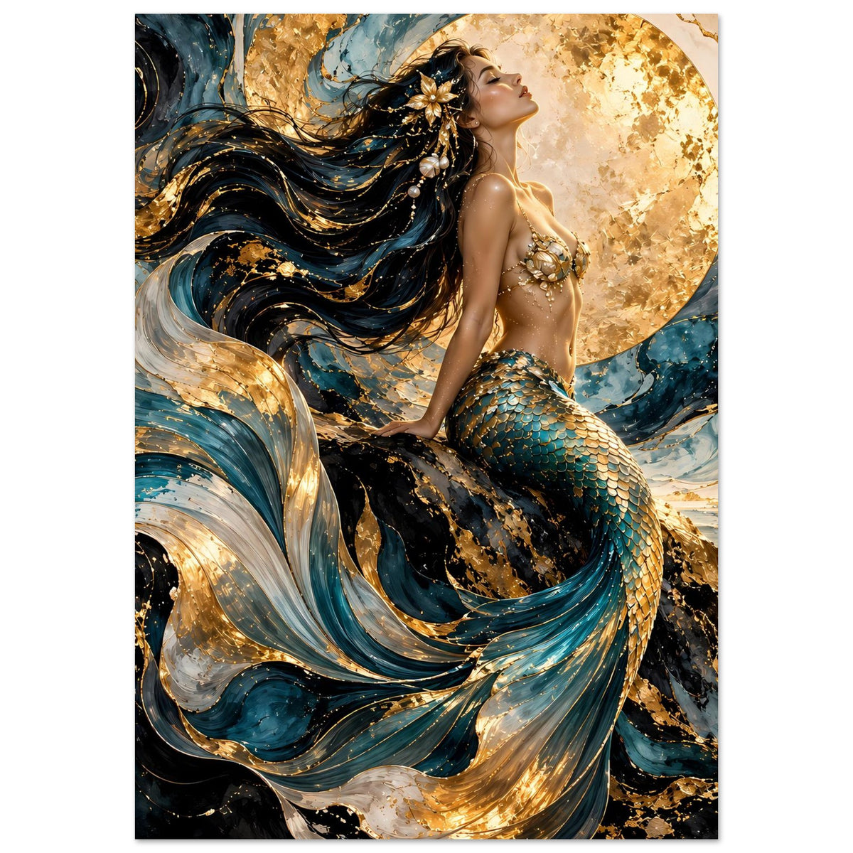 Poster mit Meerjungfrau, lange schimmernde Haare und goldener Kreis im Hintergrund