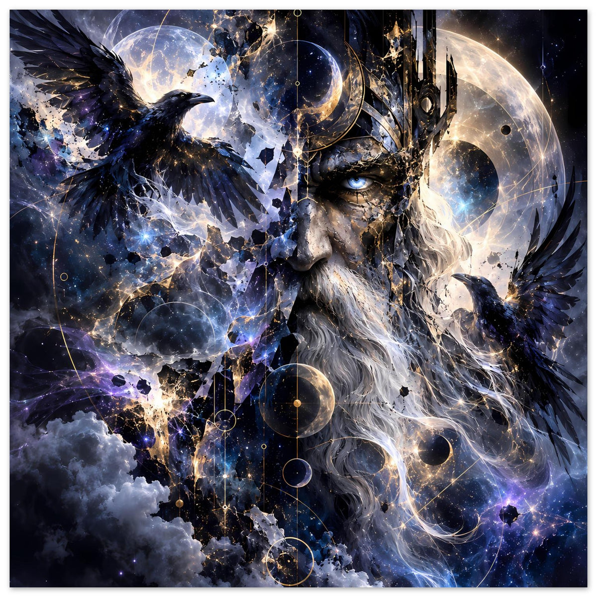 Fantasy-Poster im Querformat: Rabe links, König mit Krone, Sterne, Mond und goldene Ringe