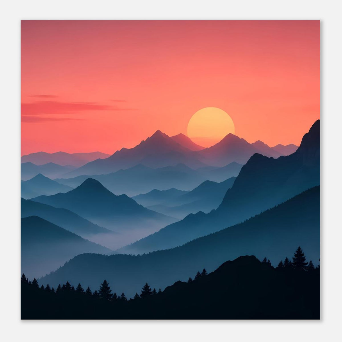 Quadratisches Landschaftsposter, Nahansicht: großer gelber Sonnenball über blauen Bergzügen