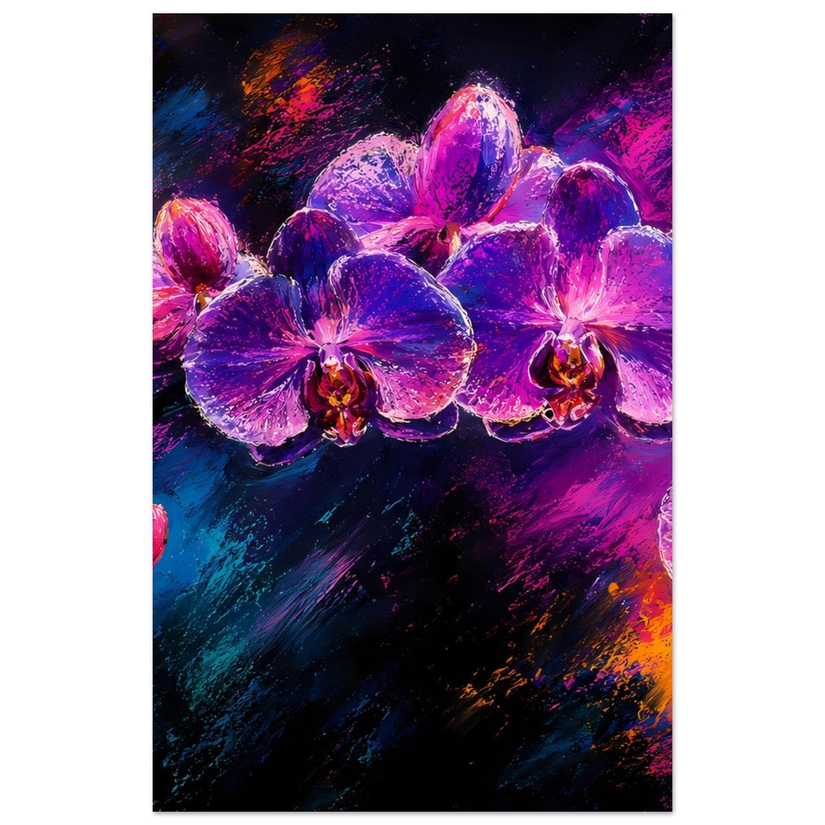 Hochformatiges Poster im Rahmen mit violetten Orchideen, dunklem Farbfeld und pinken Highlights
