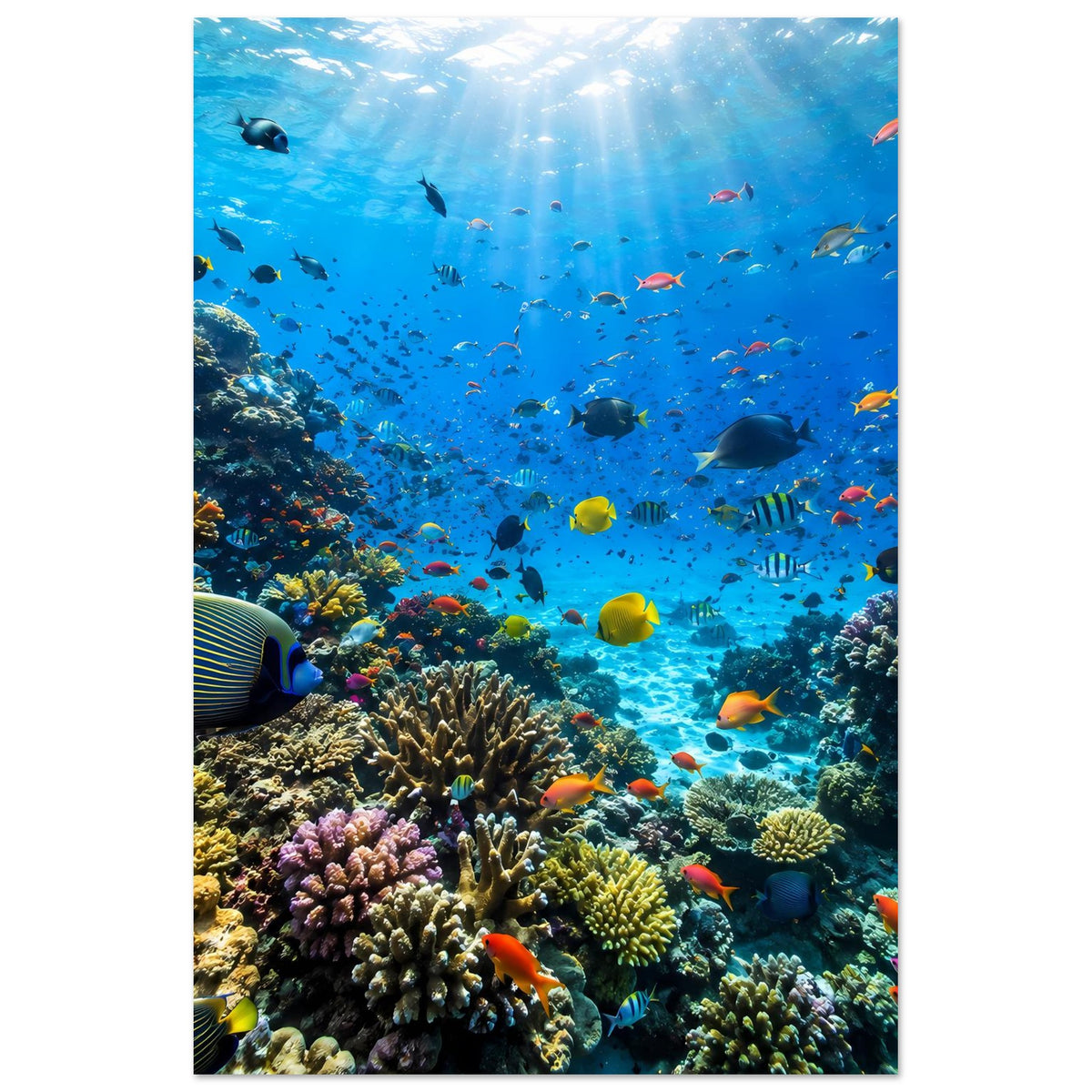 Korallenriff-Poster im Hochformat: Korallenriff mit zahlreichen bunten Fischen im Blau.