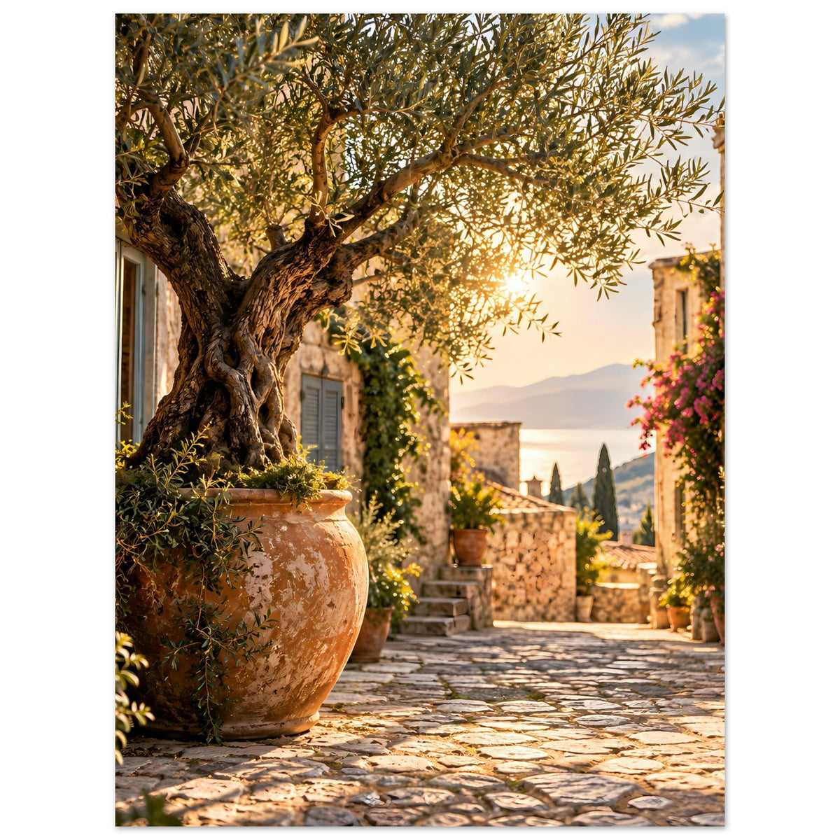 Mediterranes Zierposter mit Olivenbaumkrone über Terrakotta-Topf, Blick in die Gasse