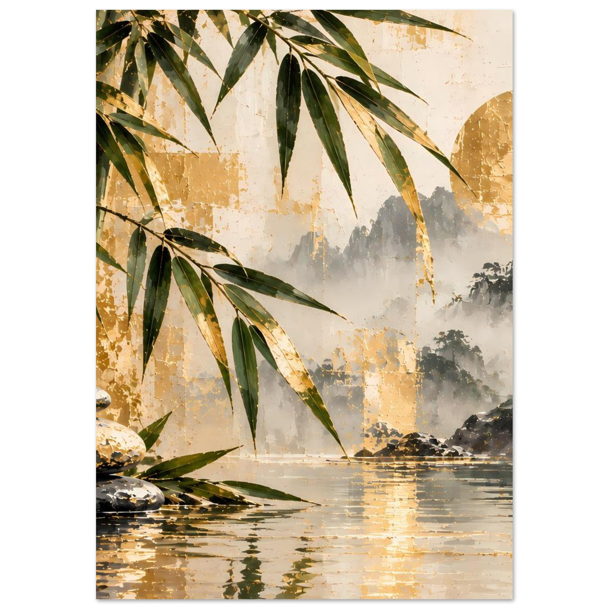 Zen-Bambus-und-Wasserfallposter mit Bambusblättern, Wasserfallschleier und ruhiger Wasserfläche