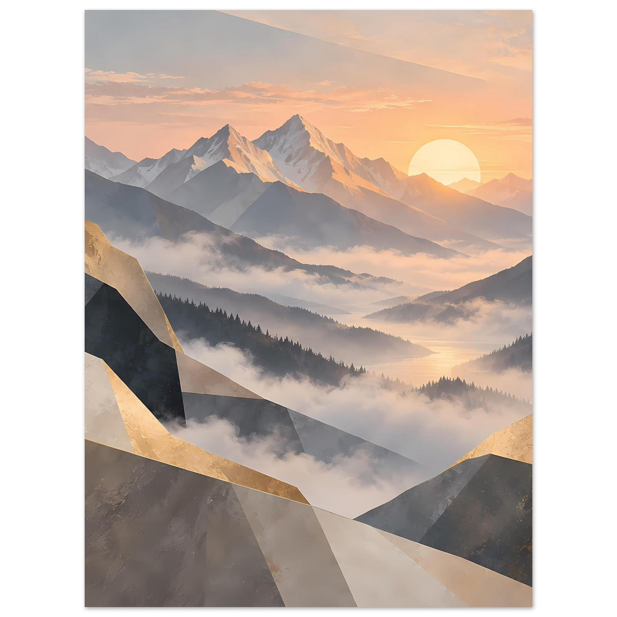 Vertikales Poster mit Sonnenaufgang über Berglandschaft, Pastelltönen und goldenen Akzenten