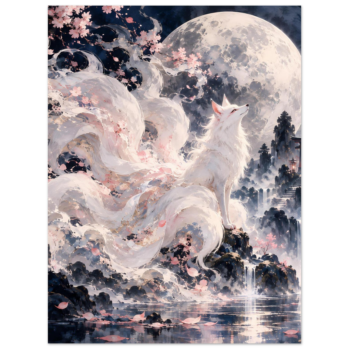 Fantasy-Poster: weißer Fuchs vor Vollmond, Kirschblüten und Nachtwolken