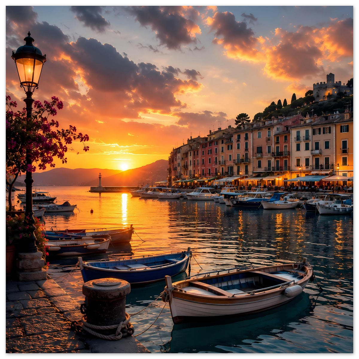 Poster: Sonnenuntergang im Hafen, Boote und spiegelnde Wasserfläche, Häuser am Ufer.