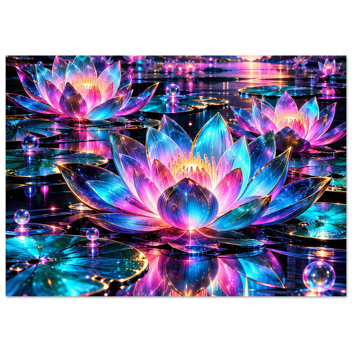 Poster mit leuchtendem Lotus-Motiv, vertikale Ansicht, kräftige Neonfarben und klare Spiegelungen