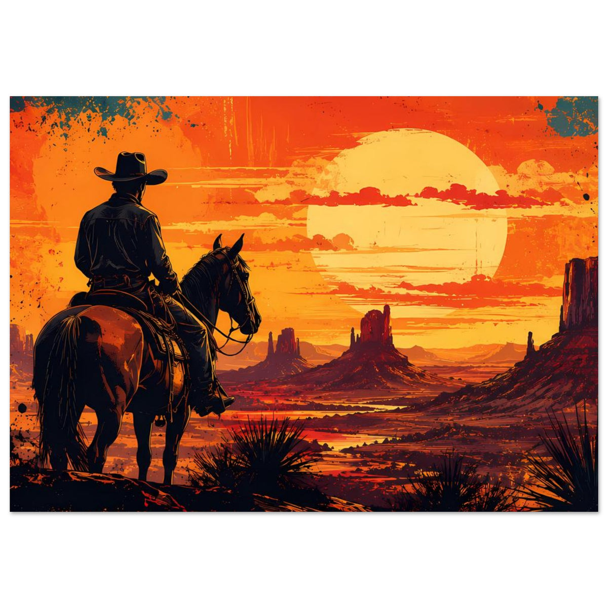 Western-Poster im Querformat: Cowboy auf Pferd, Wüstenlandschaft mit Sonne und Wolken