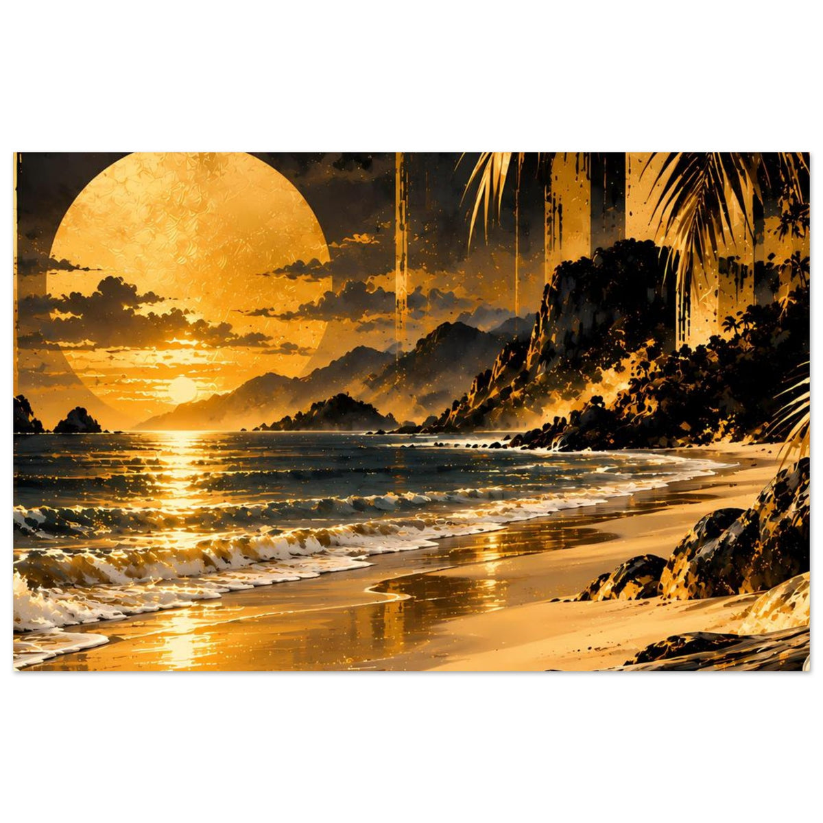 Querformat-Kunstposter mit Strand bei Golden-Sunset: Sonne, Meerwellen, Palmen und Felsen