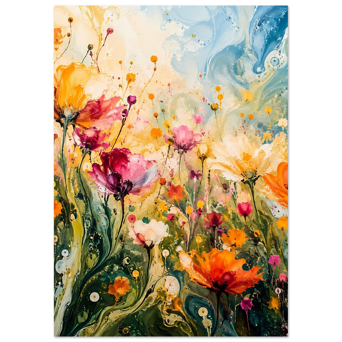 Blumenposter, zoomed auf abstrakte Blüten und Stängel in Orange, Pink und Blau