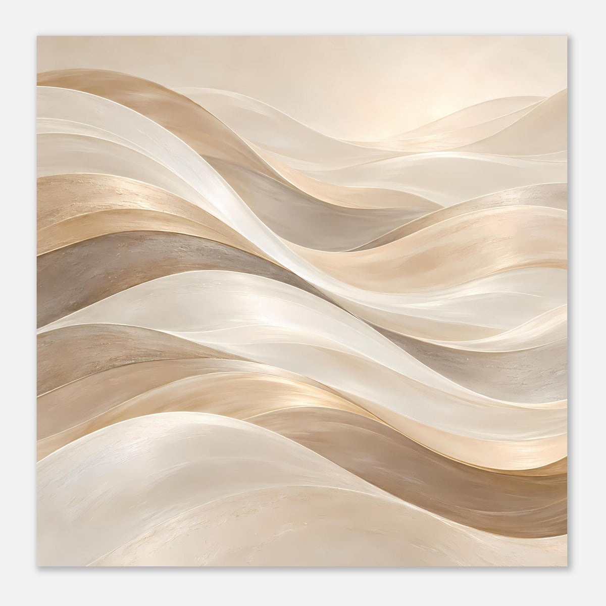 Kunstposter im Querformat mit abstrakten Wellen in Creme und goldfarbenen Linien, gerahmt