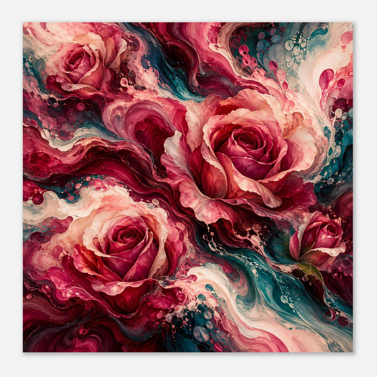 Rosenposter mit roten Blüten und Türkiswirbeln