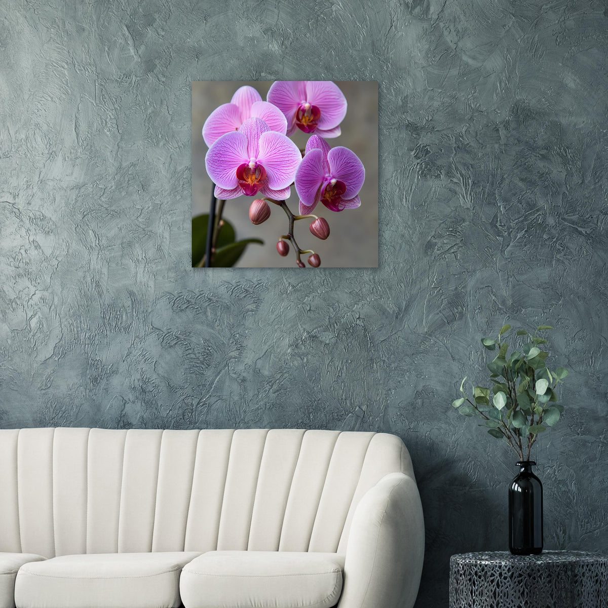 Orchideen-Porträt-Poster mit rosa Orchideenblüten auf dunklem Bildausschnitt