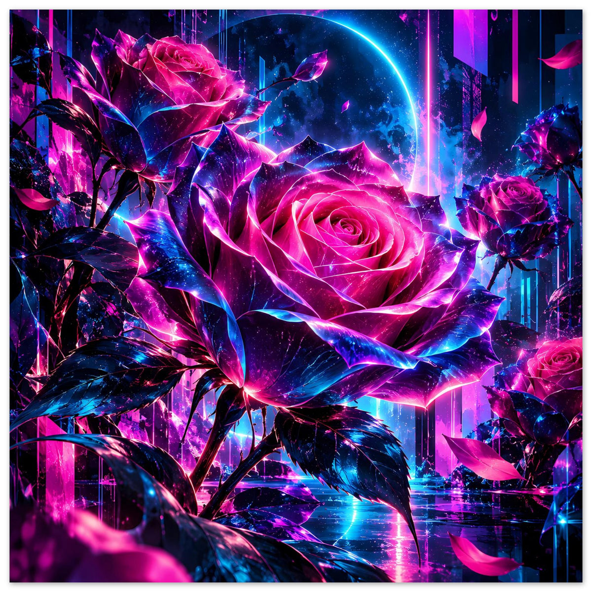 Kunstposter mit leuchtender Neonrose in Pink und Blau, mehrfarbige Blätter und Funkenoptik