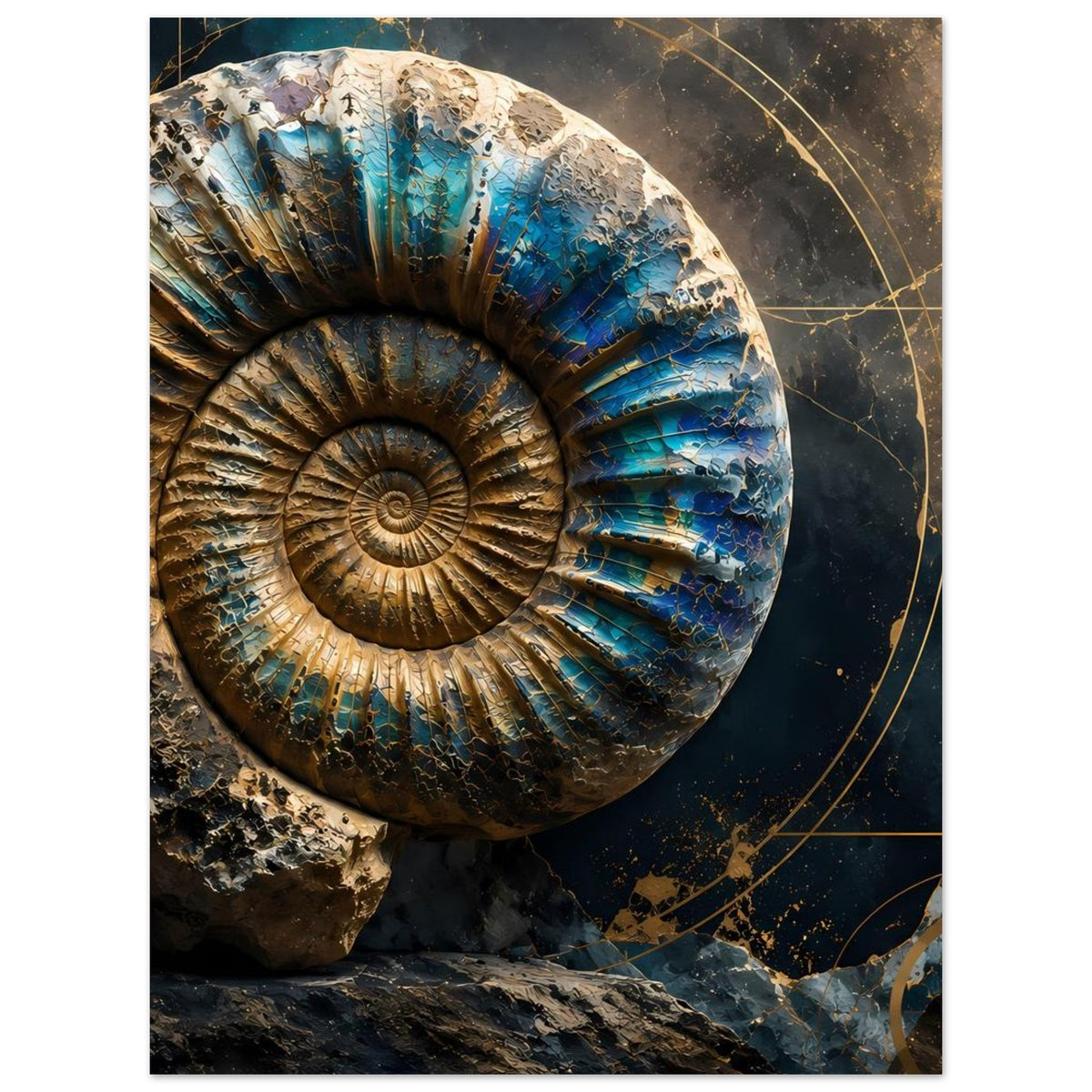 Kunstposter mit Ammonitenfossil, vorderer Spiralring mit Petrolblau und goldenen Konturen