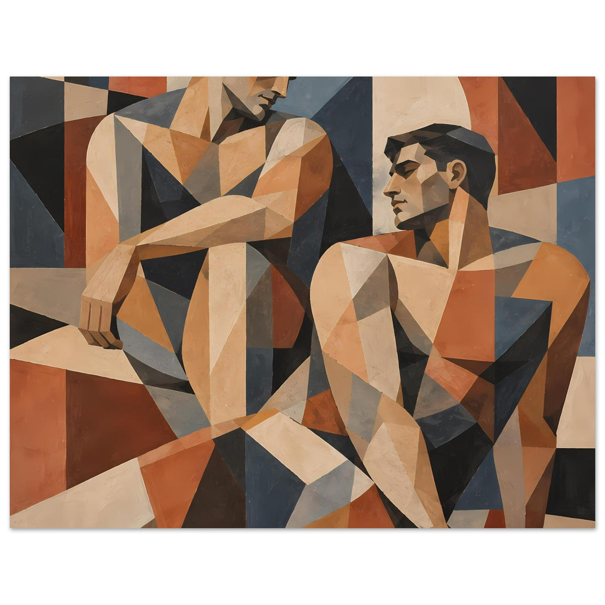 Geometrisches Kunstposter mit zwei Figuren in Erdtönen, Querformat mit Rahmen