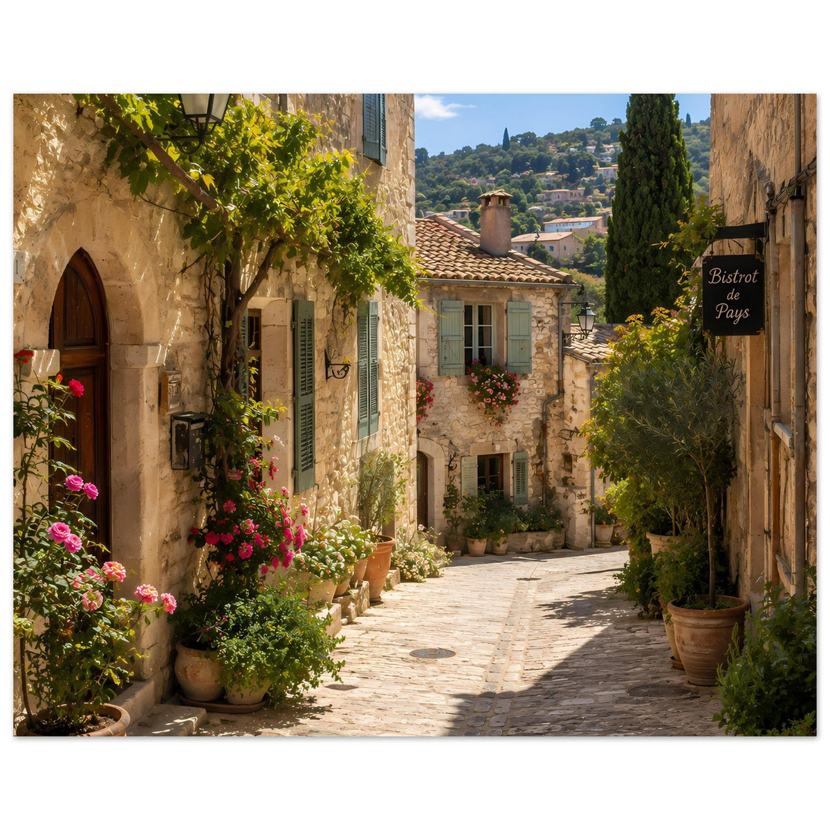 Provence-Poster mit Natursteingasse, Blumen in Töpfen und Steinwänden mit Fenstern