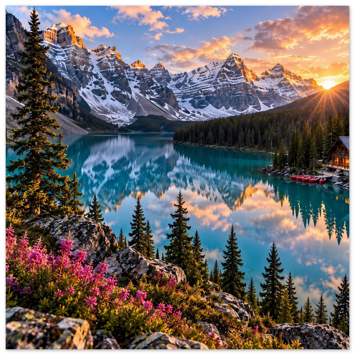 Wandposter mit Bergsee, schneebedeckten Alpen, Nadelwäldern und Sonnenaufgang