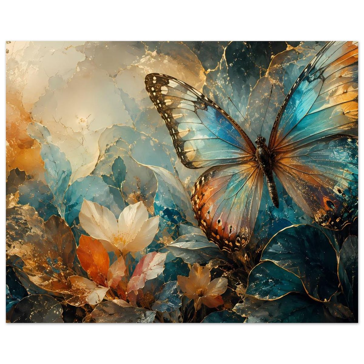 Querformatiges Poster mit Schmetterling in Blau und Gold, umgeben von Pflanzenrelief