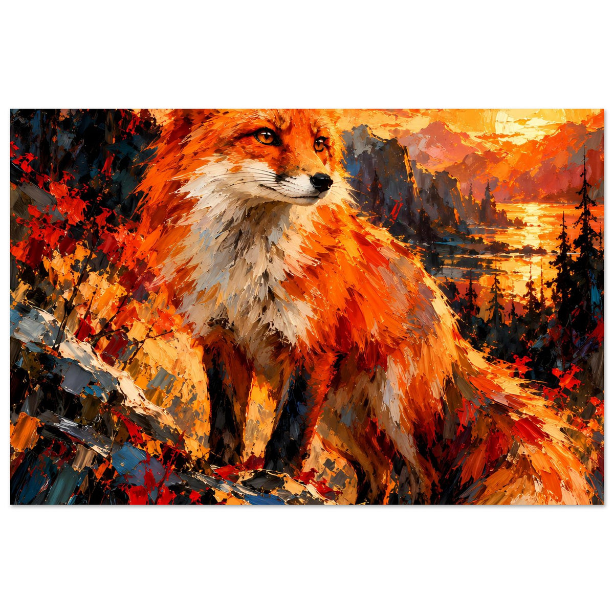 Poster mit Fuchs-Porträt, orangebraunes Fell, helle Schnauze und abstrakte Farbflecken