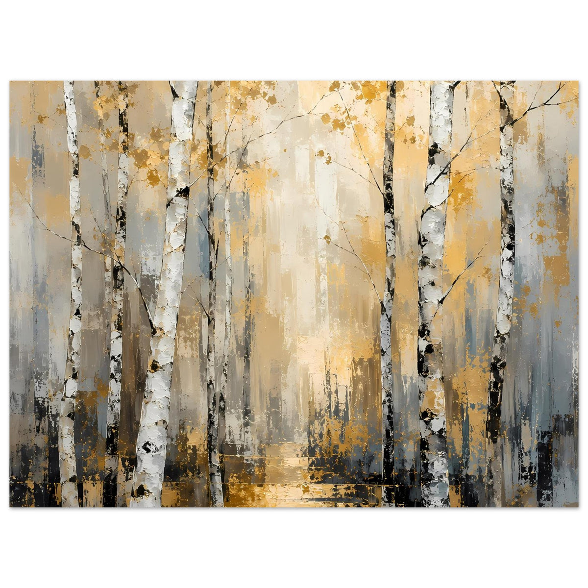 Poster mit abstraktem Birkenwald, beige-goldene Akzente, weiße Stämme und dunkle Farbsprenkel
