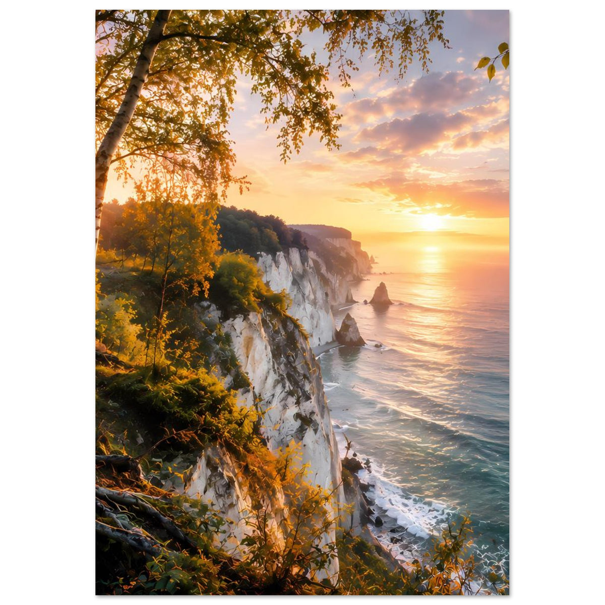 Wandposter mit Steilküste, kräftigem Sonnenlicht durch Blätter und Meerwasser mit Schaum