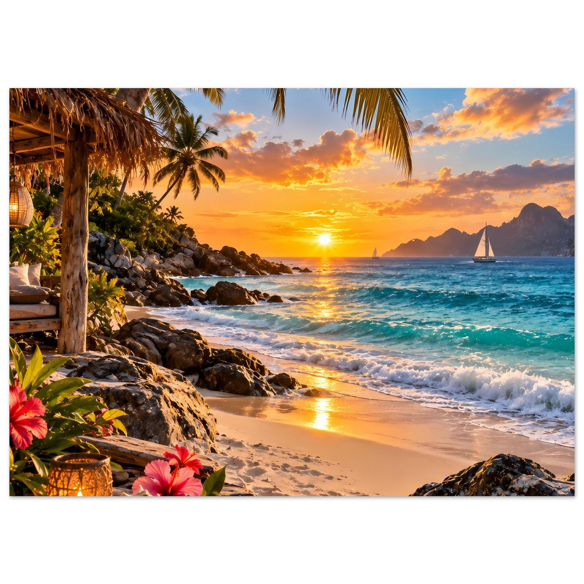 Horizontales Strandposter mit Sonnenuntergang, Palmen, Meerwellen und Blüten am Rand