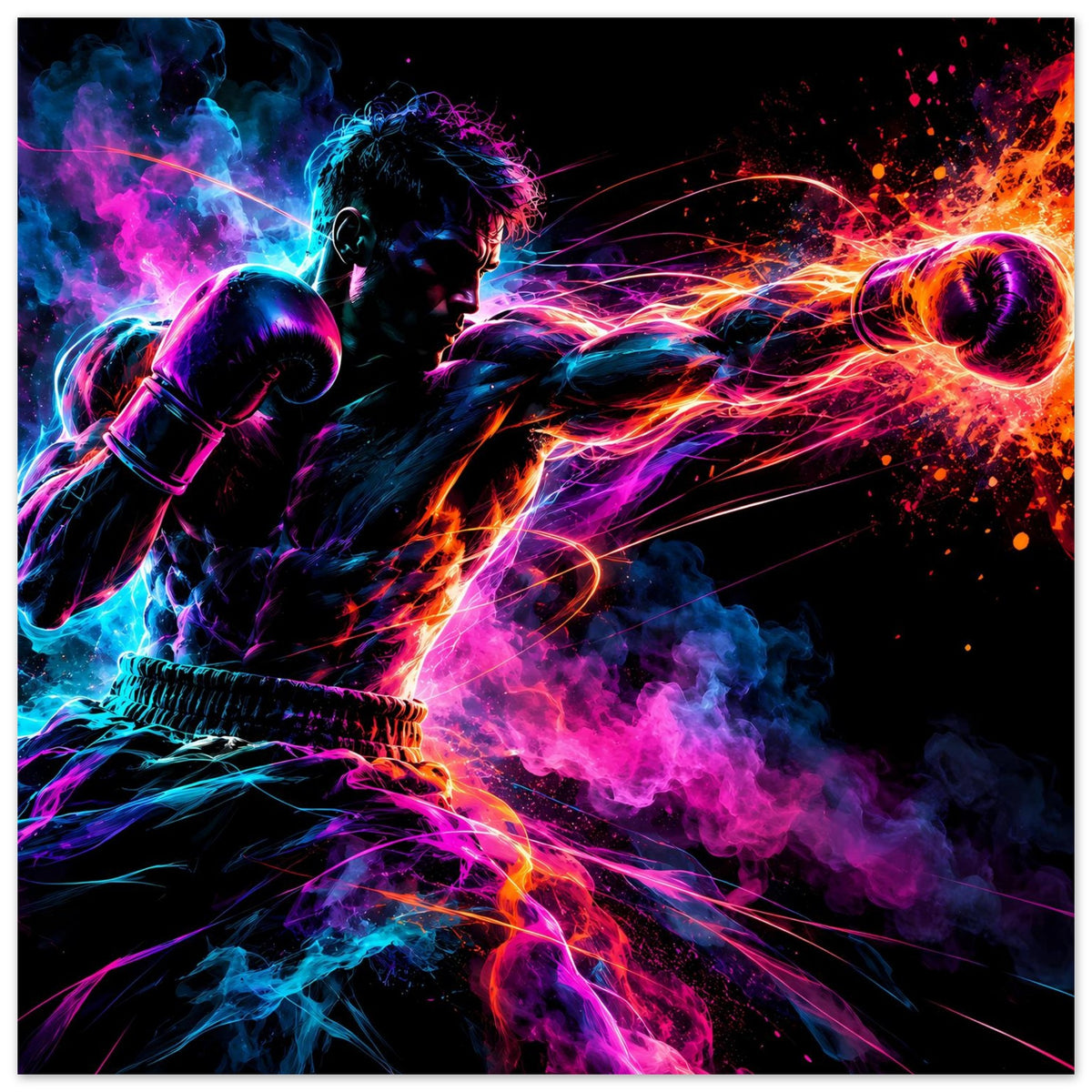 Poster mit Neon-Boxer, leuchtende Energie-Ringe, starke Lichtspuren und Rauch
