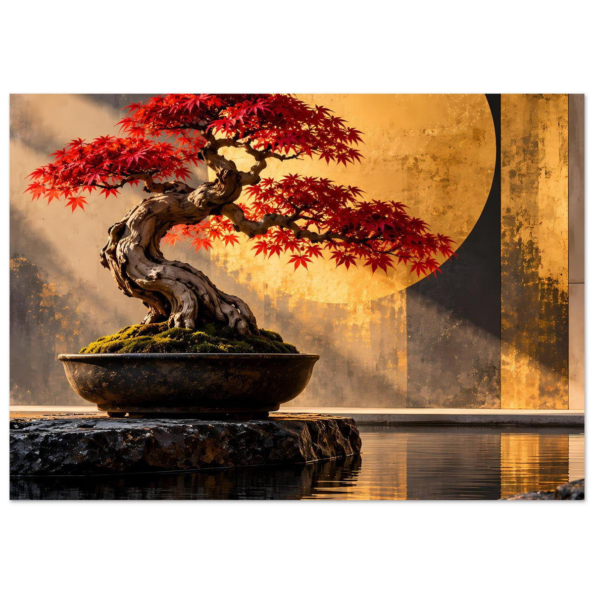 Bonsai-Poster im Querformat: roter Ahornbonsai auf Stein, runde Sonne, Spiegelung im Wasser