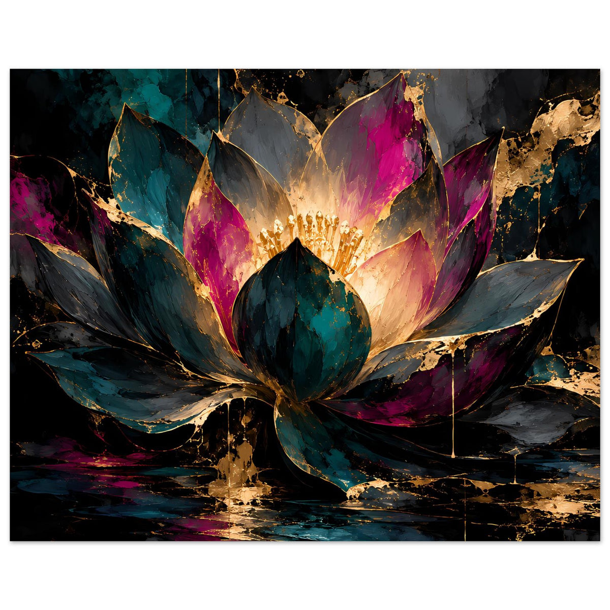 Kunstposter (quer) mit Lotusblüte: zentrale Schale, türkisfarbene Blätter und pink-goldene Lichtstrahlen