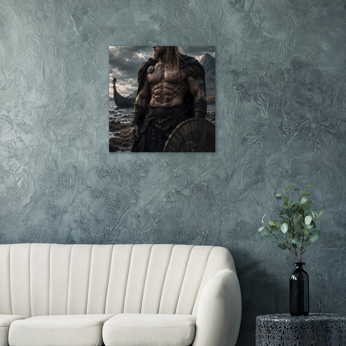 Fantasy-Poster mit Wikingerkrieger und Schild, Motiv auf Abstand, Oberkörper mittig