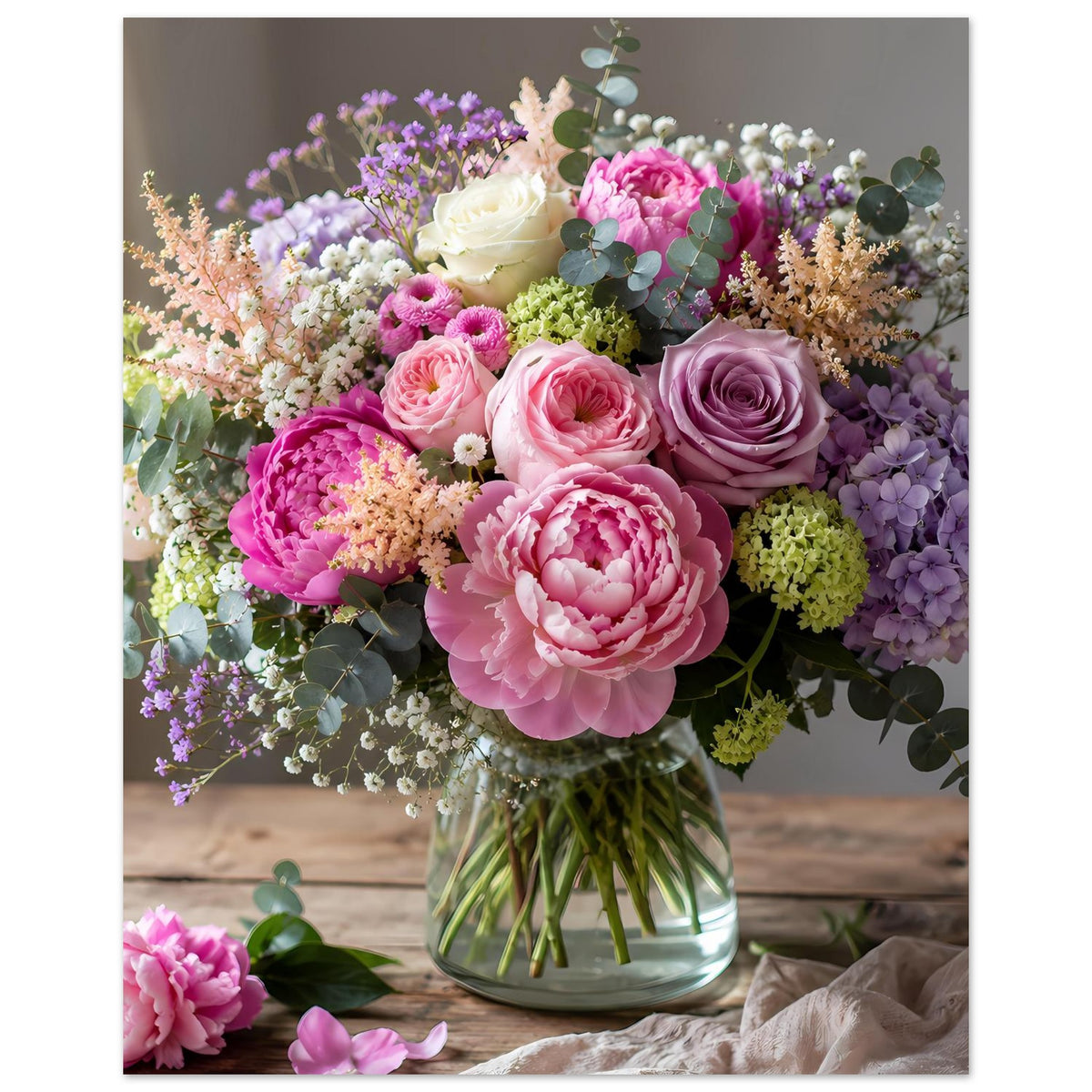 Blumenposter mit pastellfarbenem Bouquet aus Rosen und kleinen Blüten in Glasvase