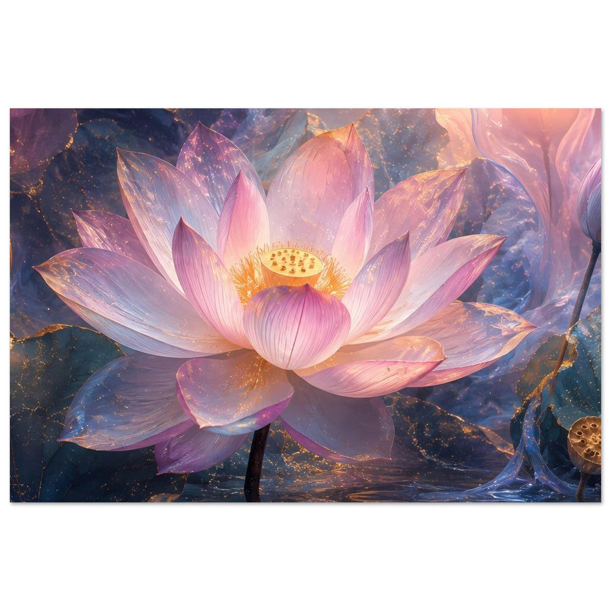Poster mit großer Lotusblüte in Pastellrosa und Lila, goldene Mitte