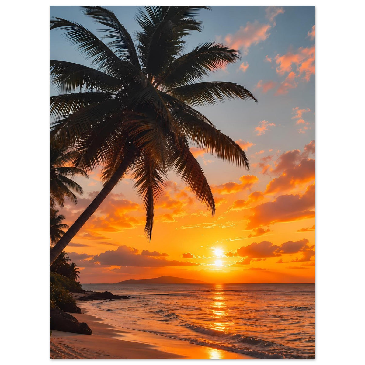 Poster mit Palmen, orangefarbenem Sonnenuntergang und Strand am Meer