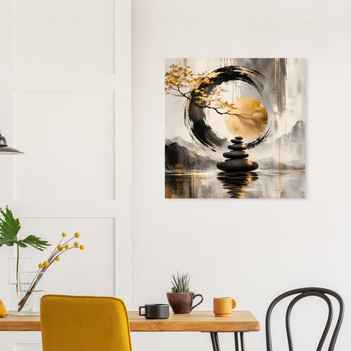 Kunstposter mit abstraktem Kreis über dunkler Stein-Säule, goldene Akzente, Grau/Weiß.