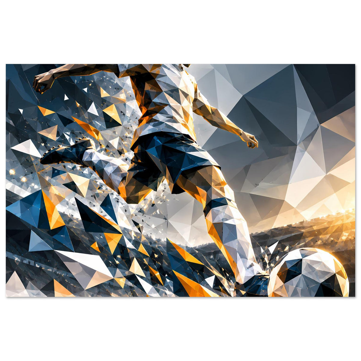 Fußball-Actionposter im geometrischen Stil, Athlet mit Ball, Blau/Orange, horizontal