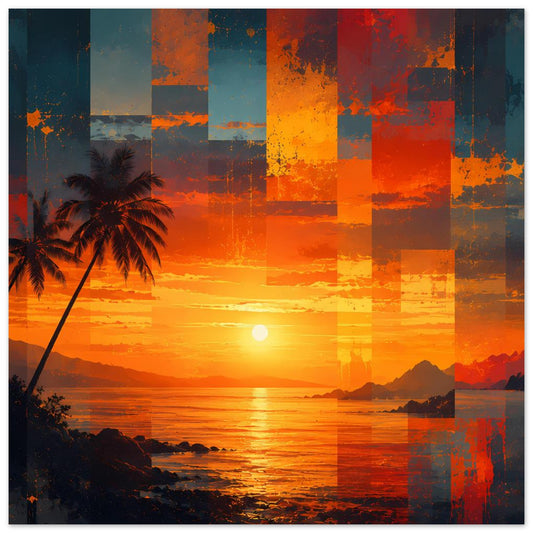 Kunstposter mit tropischem Sonnenuntergang, Palmen-Silhouette und bunten Quadrat-Strukturen am Meer