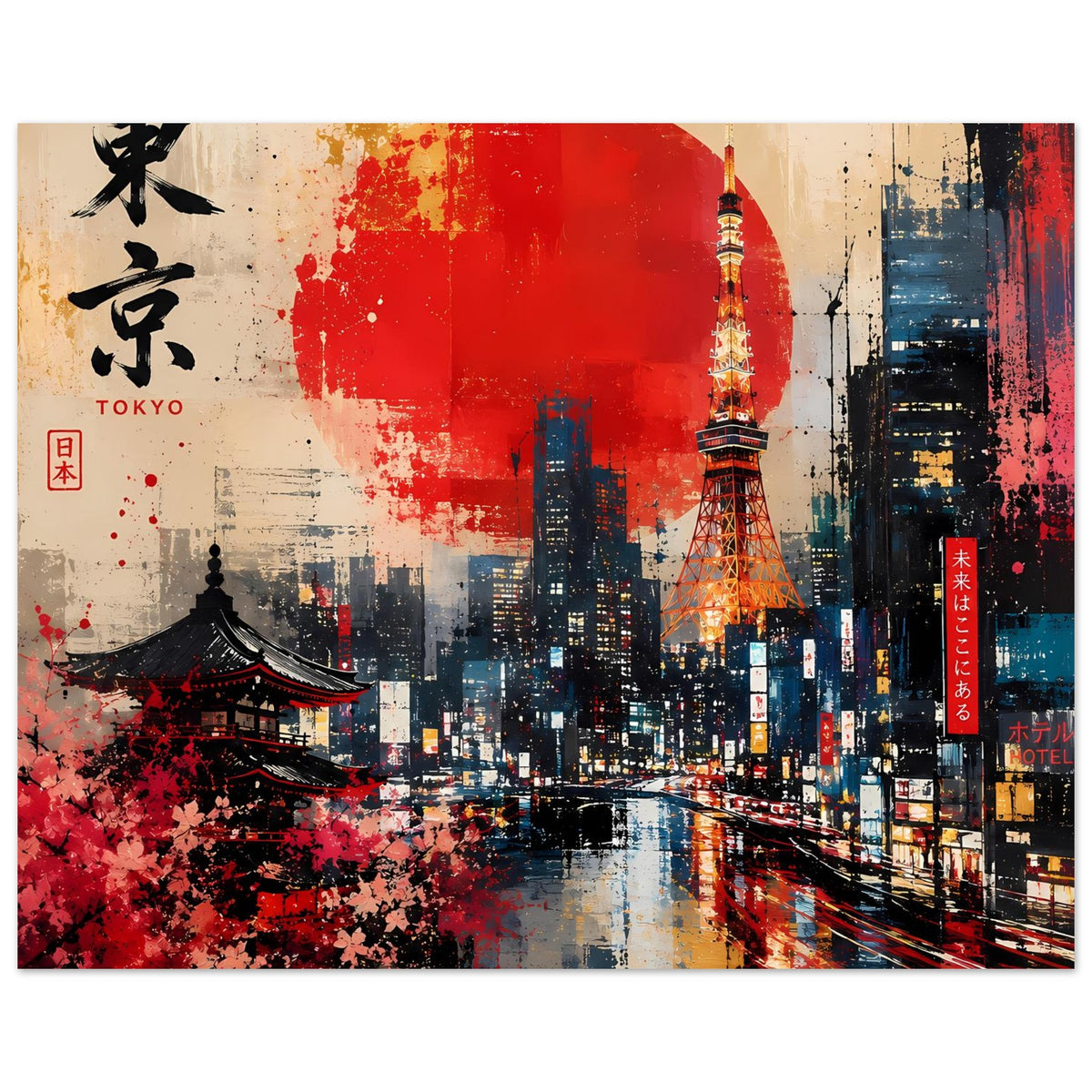 Abstraktes Poster mit Tokio-Skyline, roter Sonne, Tokio-Tower und Tempeldach links